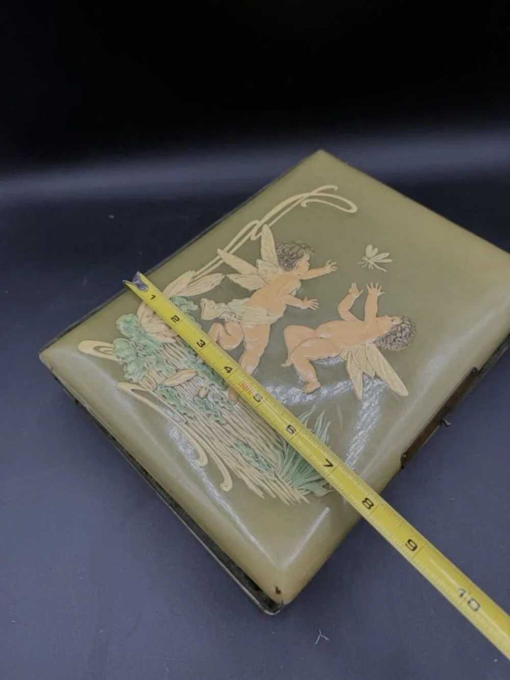 Victorian Green Celluloid Cherubs Dragonfly Photo Album Antique No Latch READ